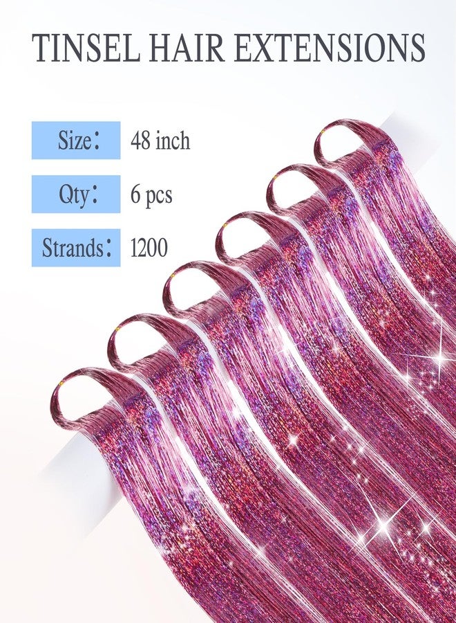 DOORES Pink Tinsel Hair Extensions, Fairy Hair 6 Pcs 48 Inch 1200 Strands, Stylable Fairy Accessories for Women Fairy Hair Tinsel for Christmas Halloween Cosplay Party - Image 2